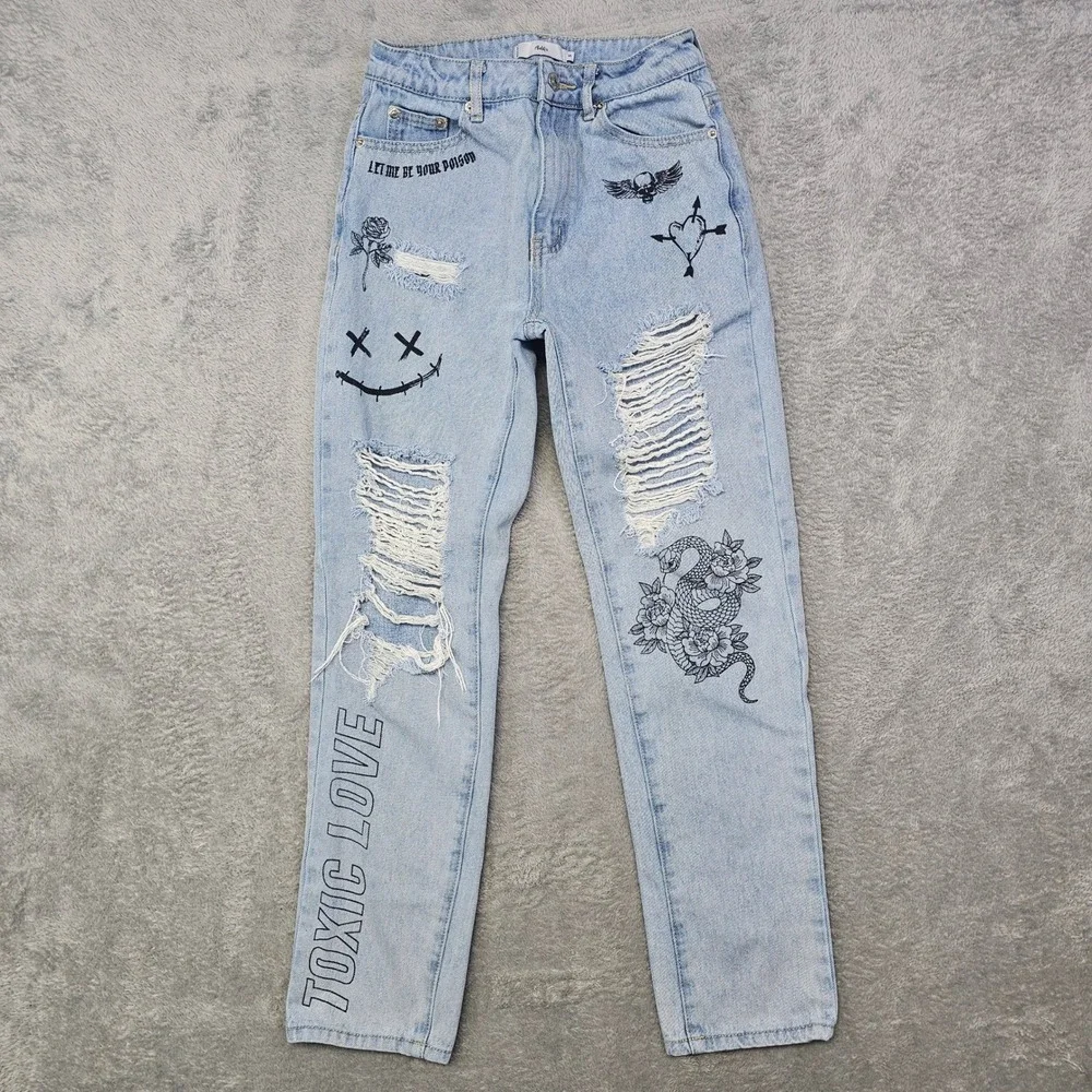 Adika Distressed Graphic‎ Jeans Y2K-Inspired Grunge Denim Juniors S W25 x L29